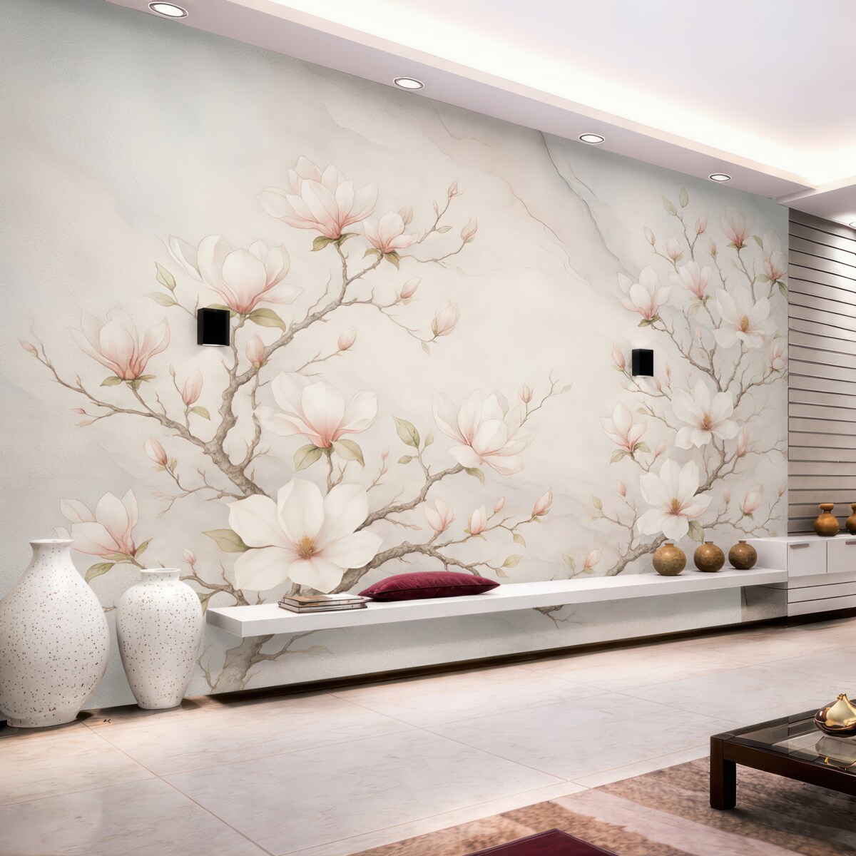 Fototapeta Kwitnące drzewa magnolii na marmurowym tle.