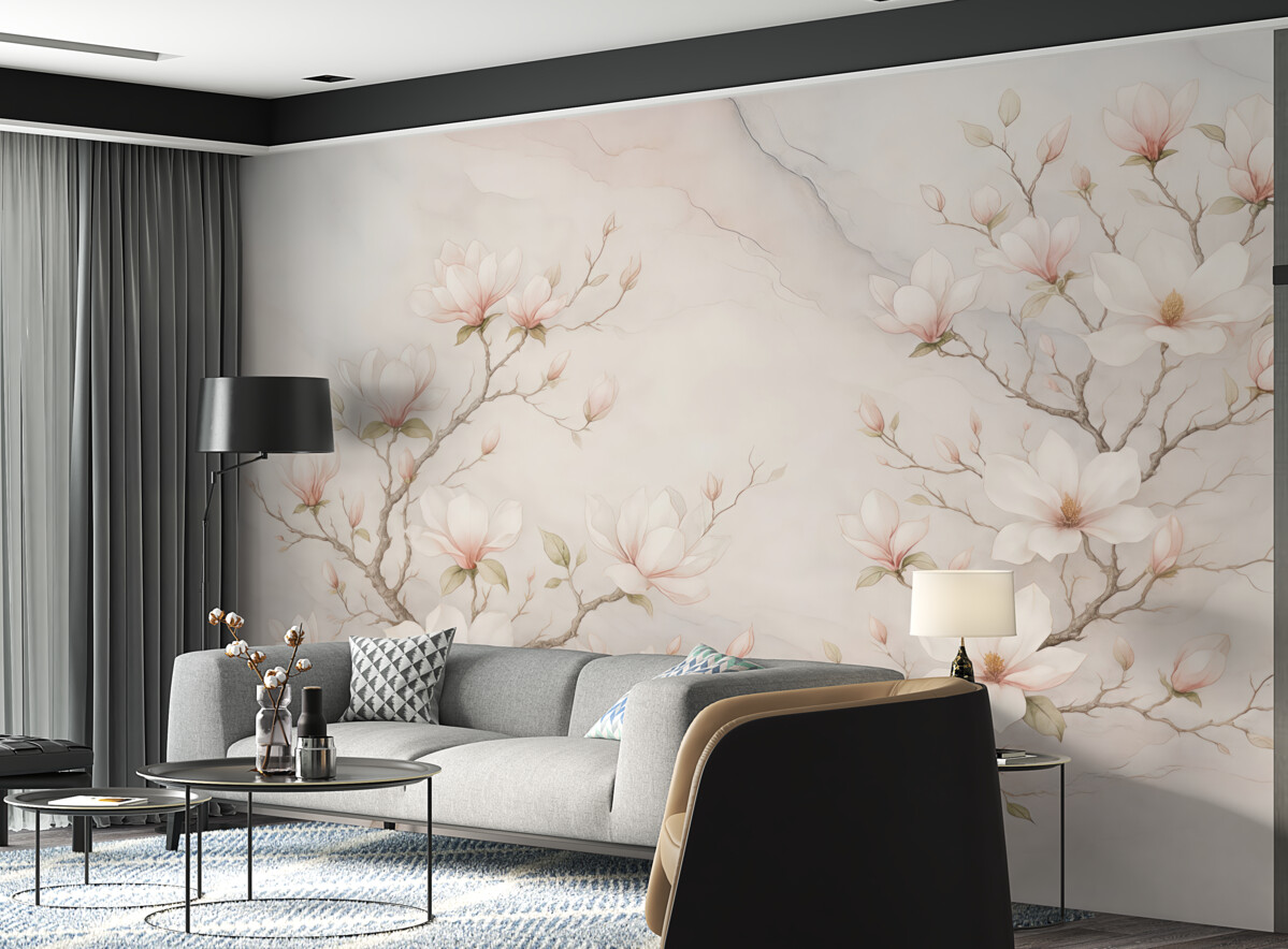 Fototapeta Kwitnące drzewa magnolii na marmurowym tle.