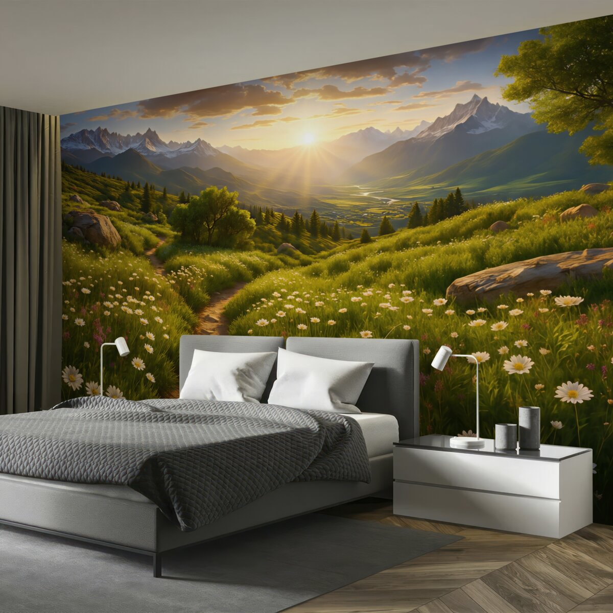 Fototapeta Zachód słońca nad górskim pejzażem.