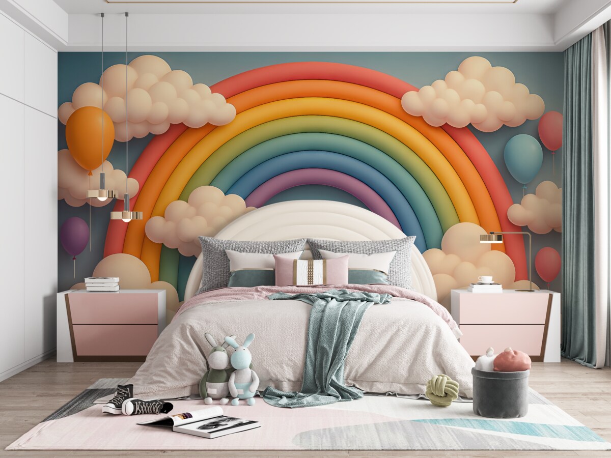 Fototapeta Tęcza trójwymiarowa z chmurami.