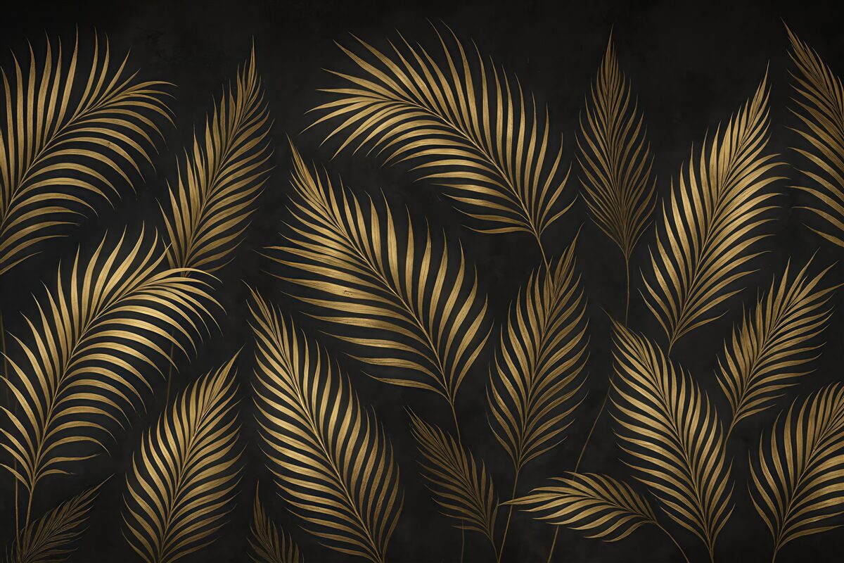 Fototapeta Liście palmowe na ciemnym tle ściany.