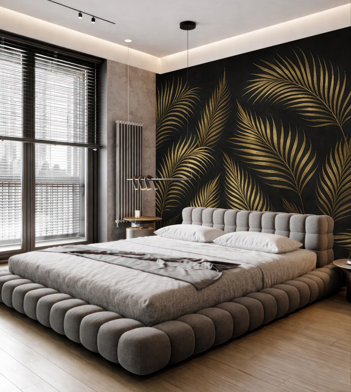 Fototapeta Liście palmowe na ciemnym tle ściany.