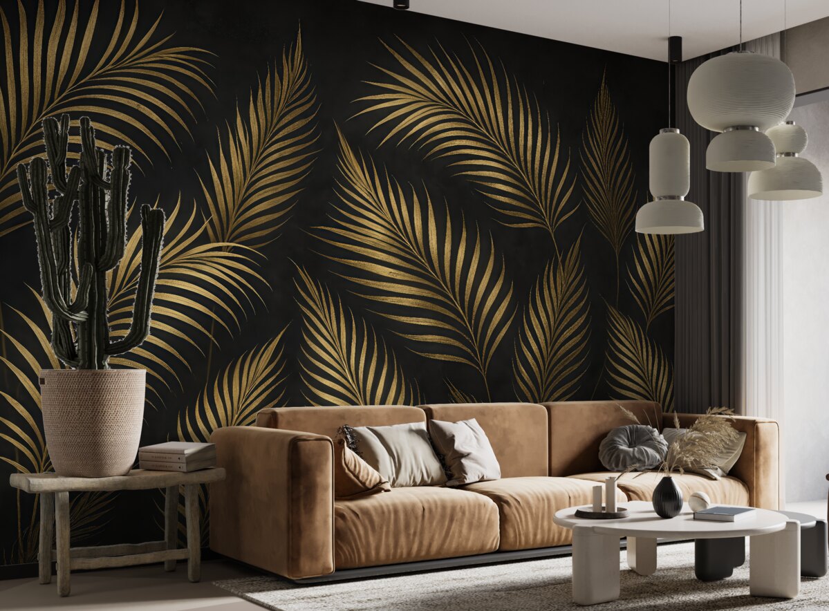 Fototapeta Liście palmowe na ciemnym tle ściany.