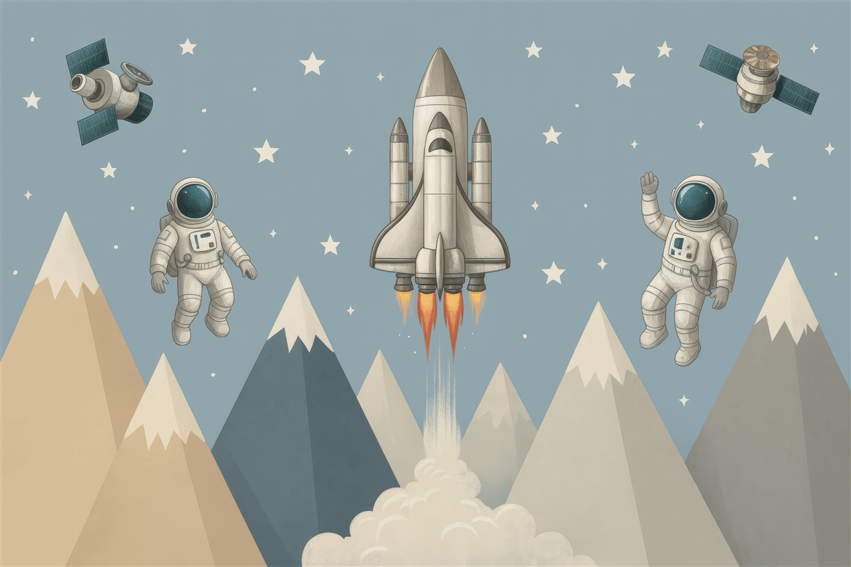 Fototapeta Rakieta, satelity i kosmonauci nad szczytami.