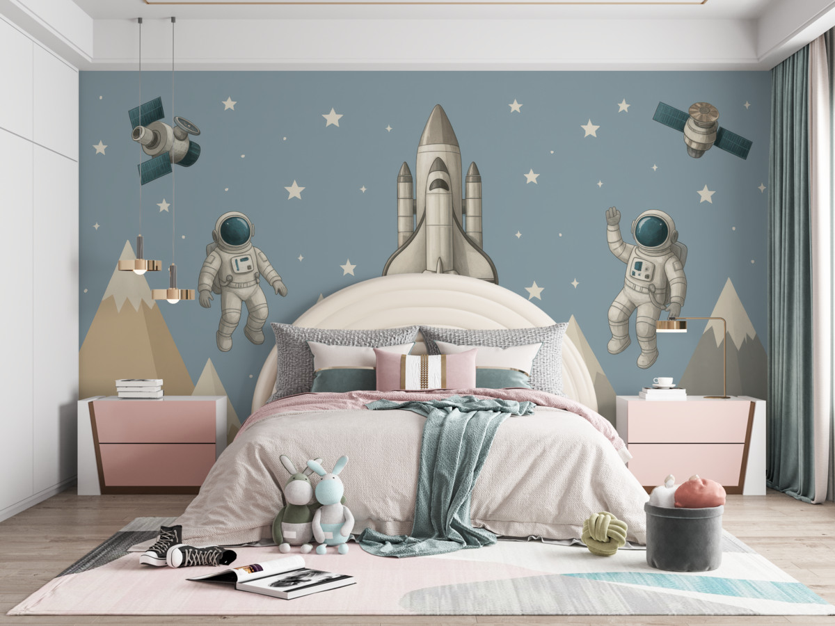 Fototapeta Rakieta, satelity i kosmonauci nad szczytami.