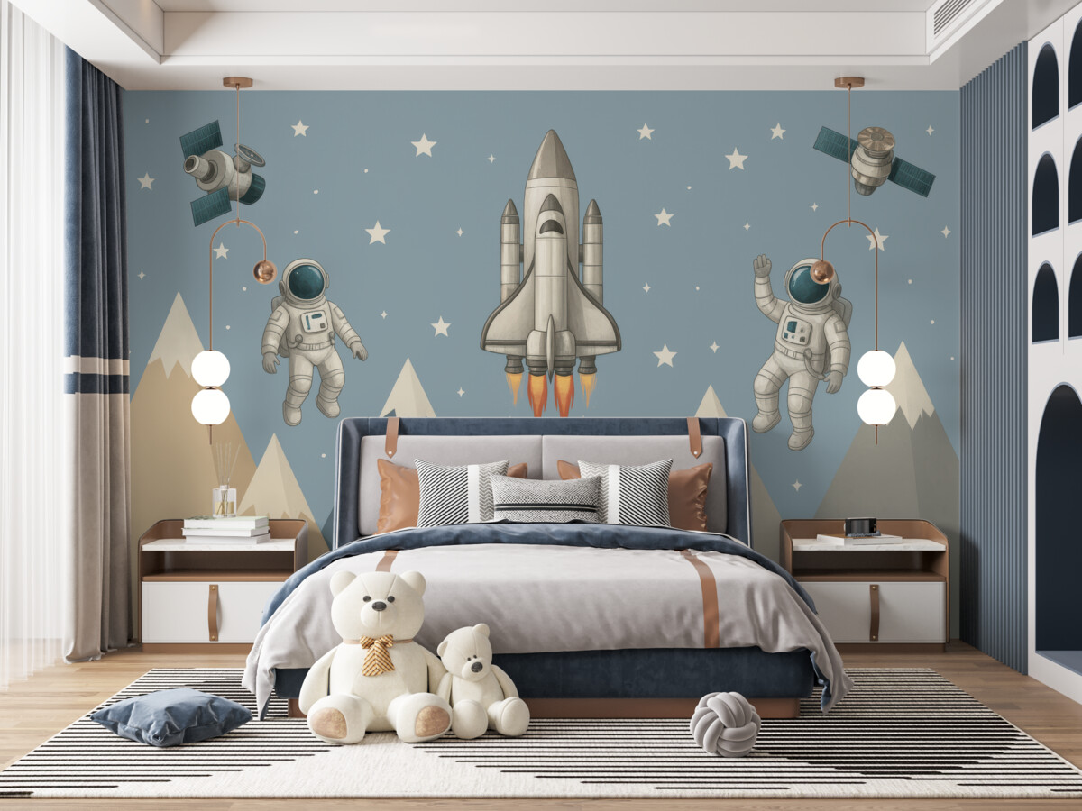 Fototapeta Rakieta, satelity i kosmonauci nad szczytami.