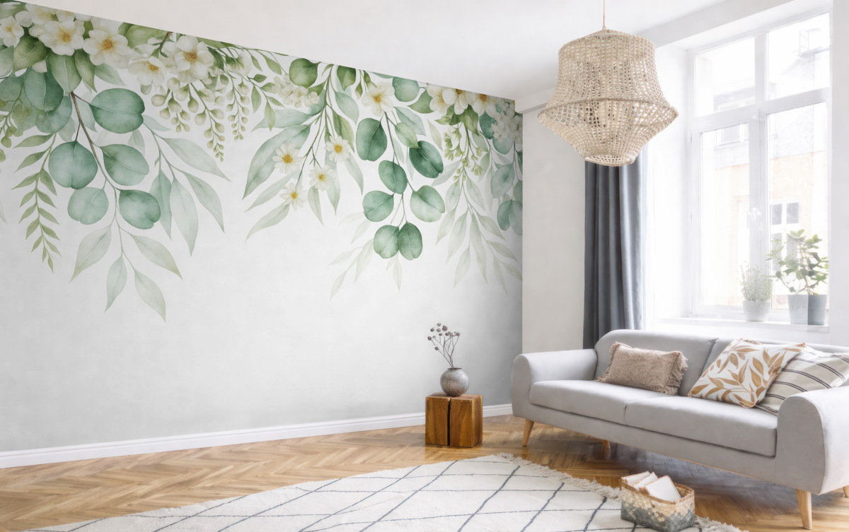 Fototapeta Akwarela z zielonymi liśćmi i kwiatami.