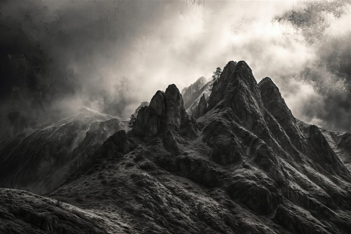 Fototapeta Zagadkowa czarna góra z dramatycznym, pochmurnym niebem.