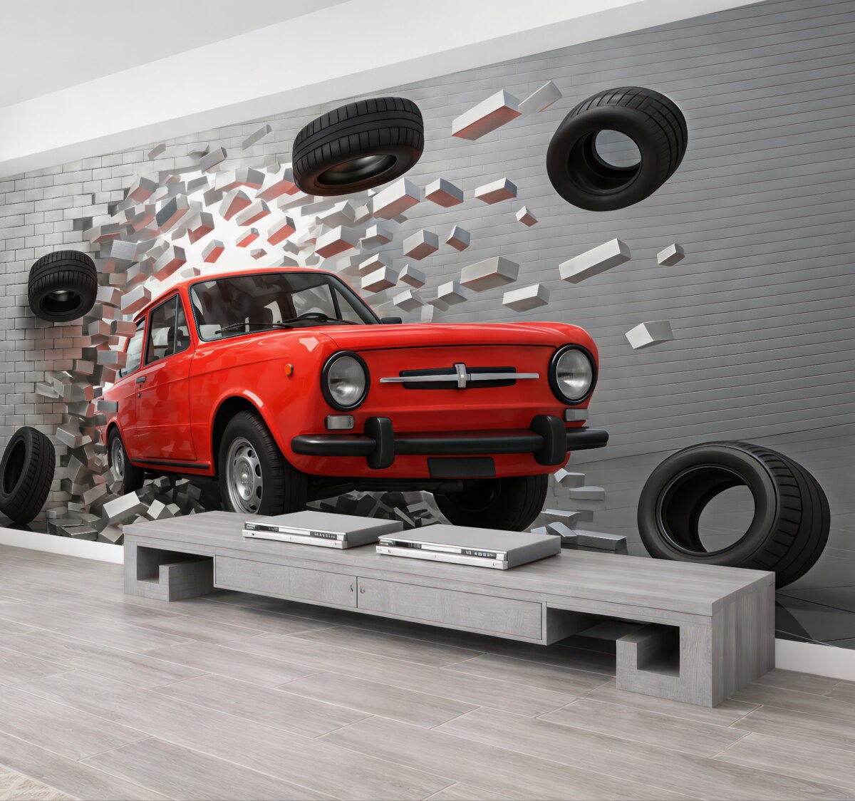 Fototapeta Czerwony samochód w stylu retro przetrzymuje lekką ścianę z cegieł.