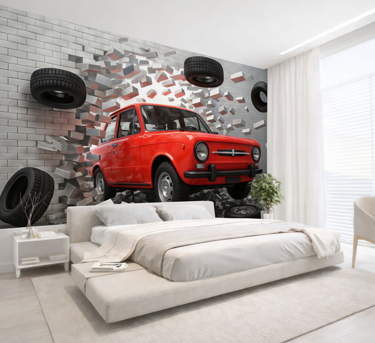 Fototapeta Czerwony samochód w stylu retro przetrzymuje lekką ścianę z cegieł.