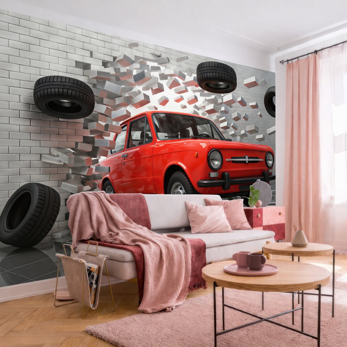 Fototapeta Czerwony samochód w stylu retro przetrzymuje lekką ścianę z cegieł.