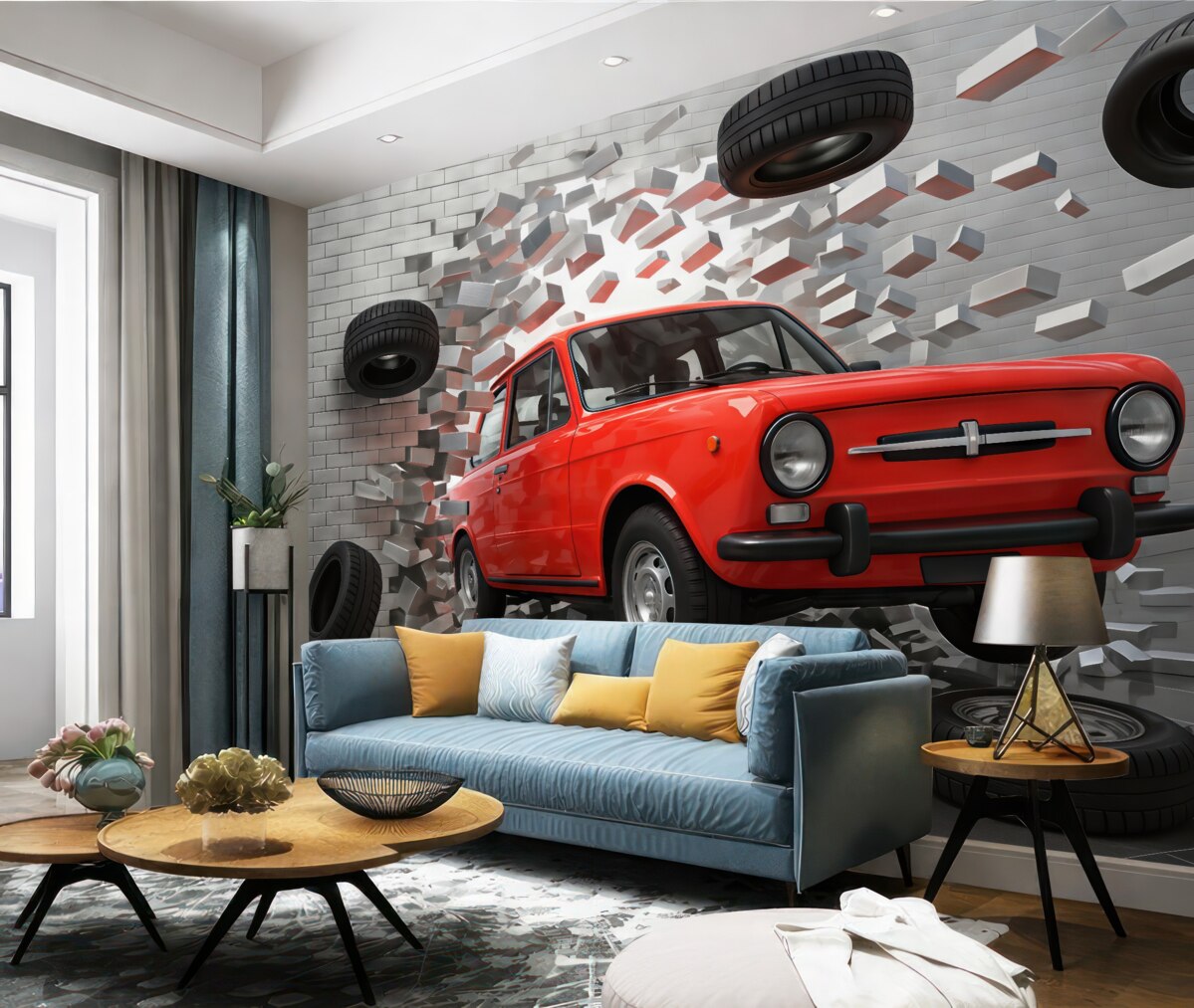 Fototapeta Czerwony samochód w stylu retro przetrzymuje lekką ścianę z cegieł.