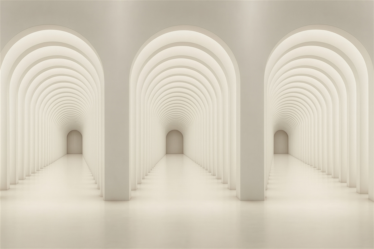 Fototapeta Biały betonowy łuk umiejscowiony w prostej linii ze światłem.