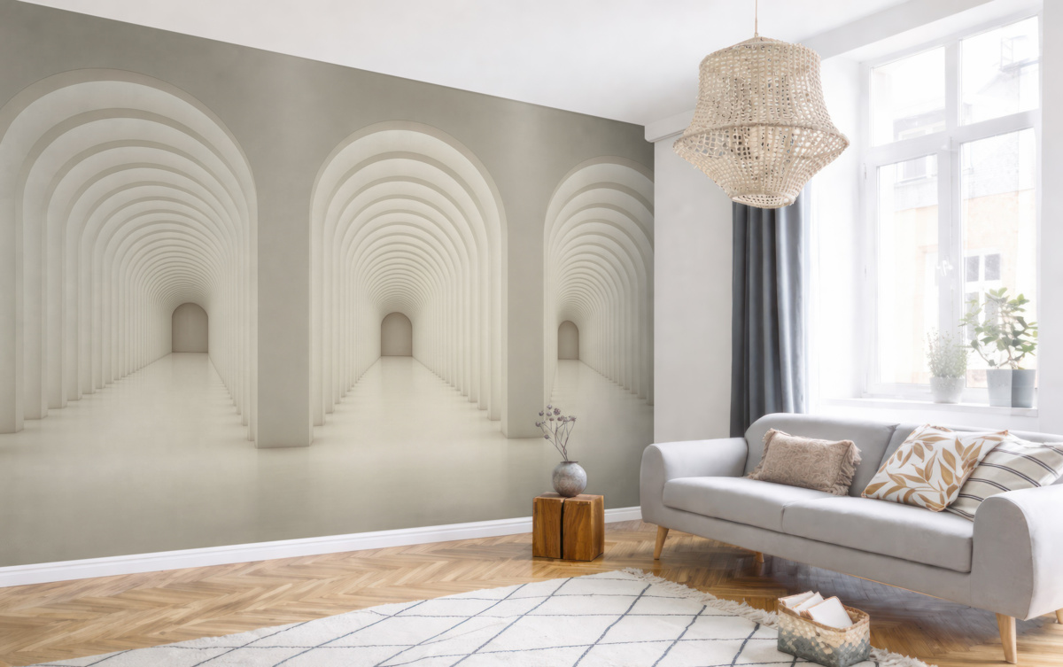 Fototapeta Biały betonowy łuk umiejscowiony w prostej linii ze światłem.