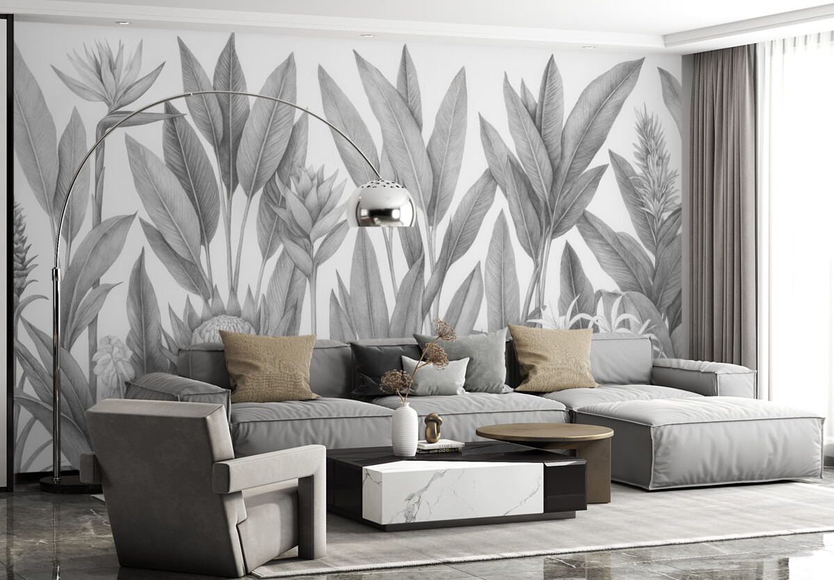 Fototapeta Rośliny z tropikalnej dżungli w odcieniach czerni i bieli.