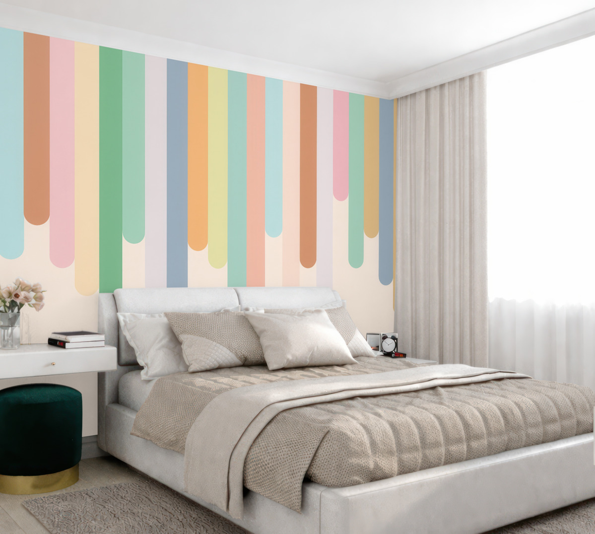 Fototapeta Kolorowe tęczowe pasy wstążki w pokoju dla dzieci.