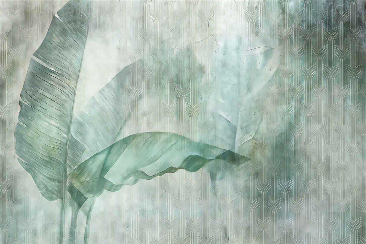 Fototapeta Wielkie zielone liście bananowców oraz marmurowa faktura.