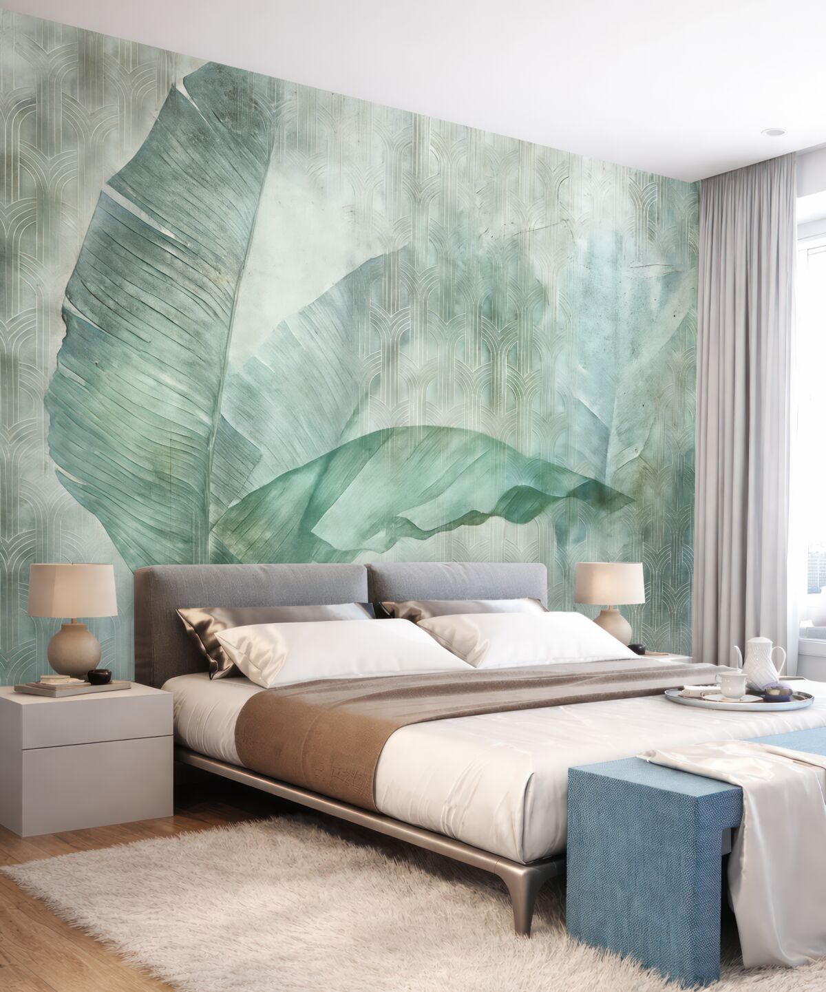 Fototapeta Wielkie zielone liście bananowców oraz marmurowa faktura.