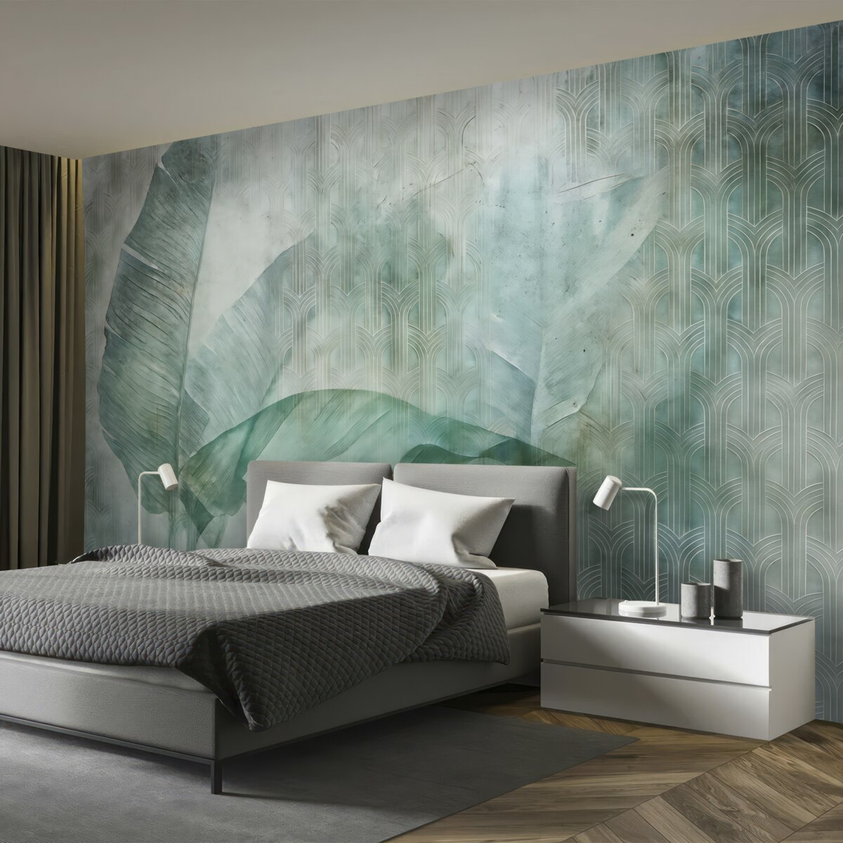 Fototapeta Wielkie zielone liście bananowców oraz marmurowa faktura.