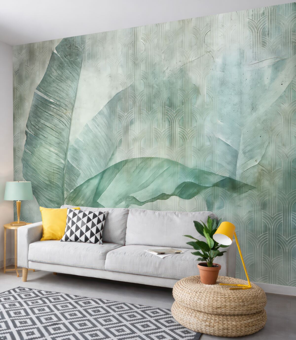 Fototapeta Wielkie zielone liście bananowców oraz marmurowa faktura.