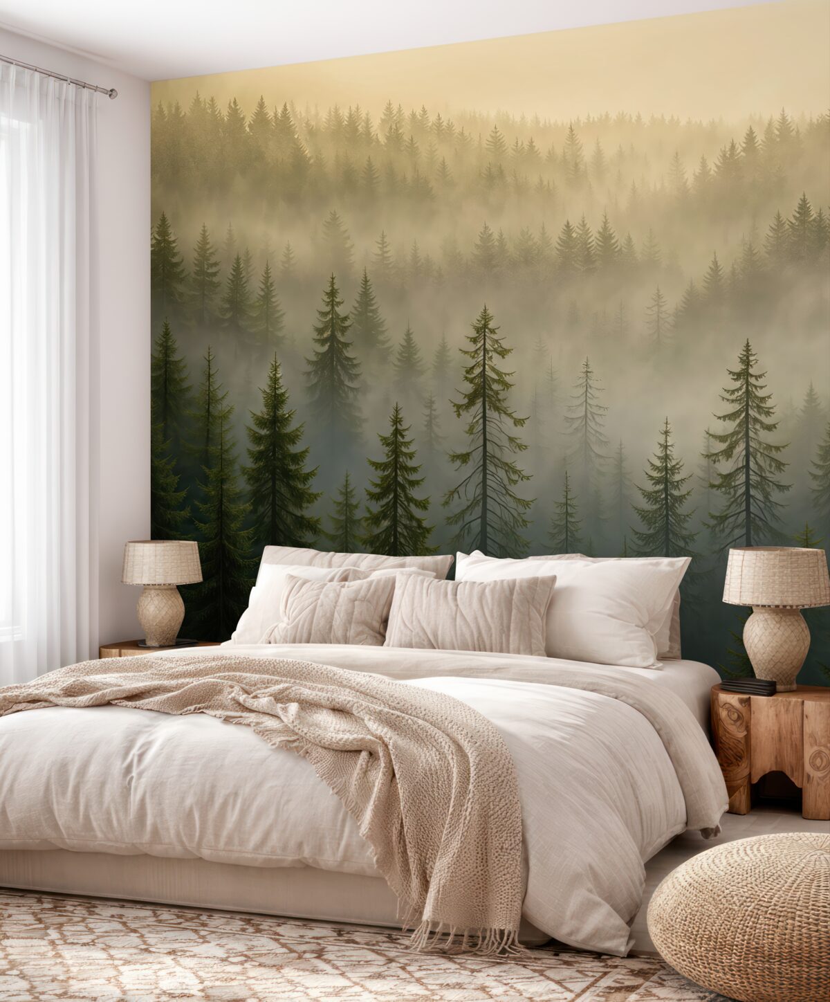 Fototapeta Sylwetka ciemnego świerka otulona mgłą