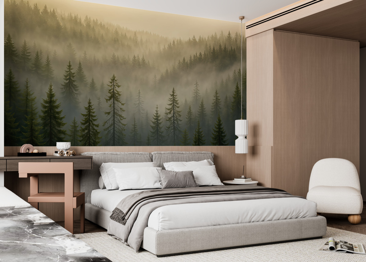 Fototapeta Sylwetka ciemnego świerka otulona mgłą