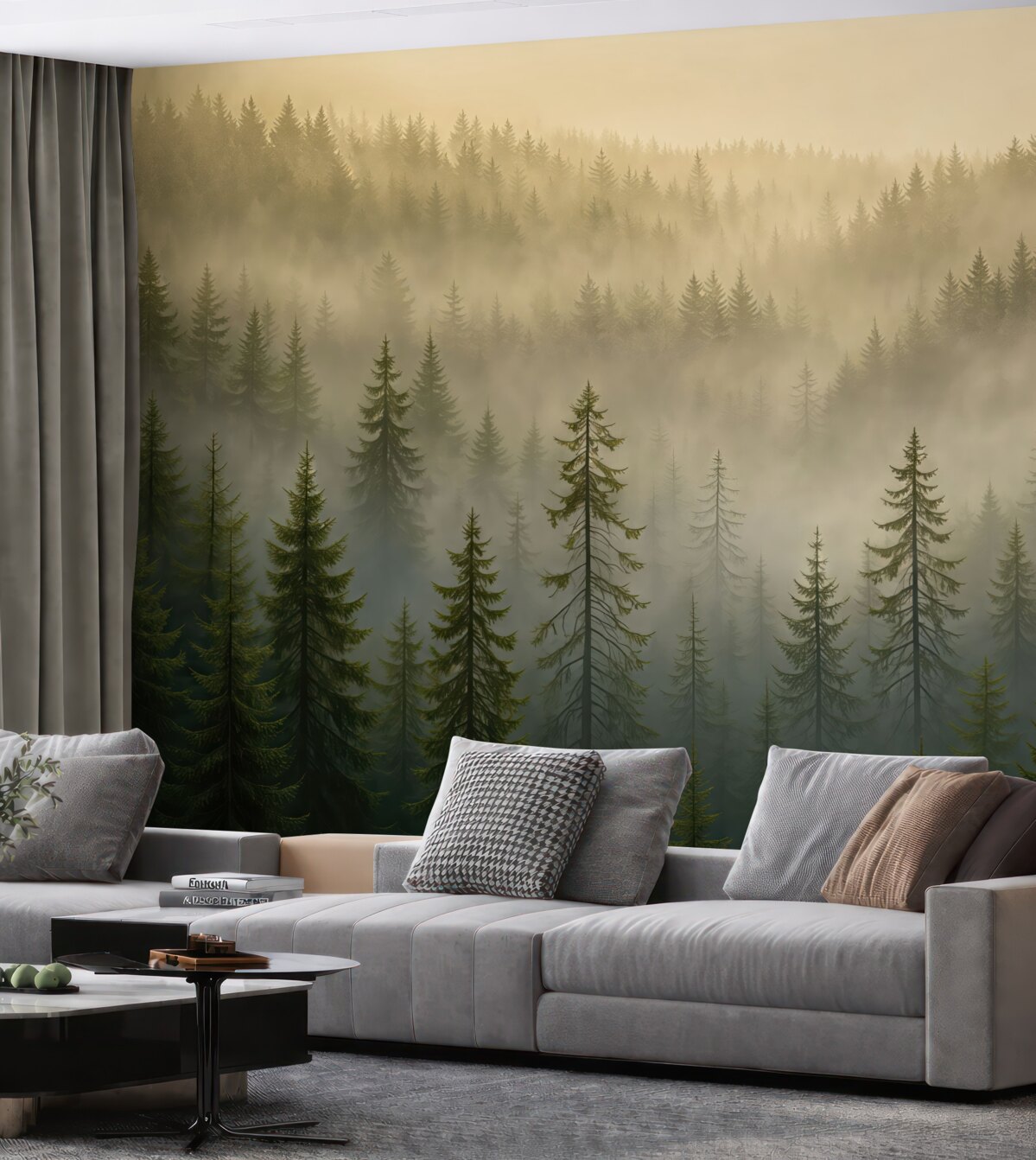 Fototapeta Sylwetka ciemnego świerka otulona mgłą