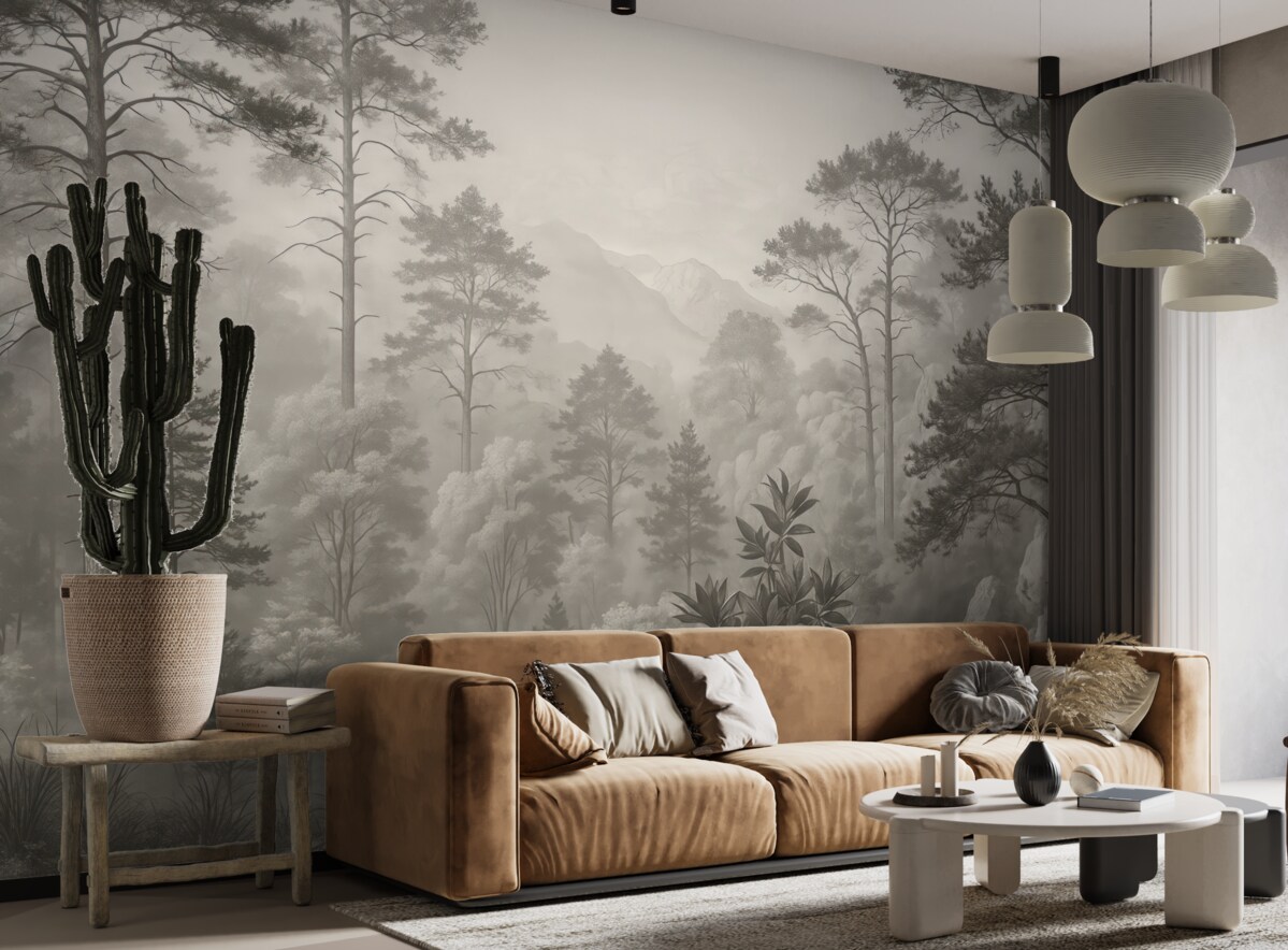 Fototapeta Wysokie drzewa na pagórkach, las w mgle.