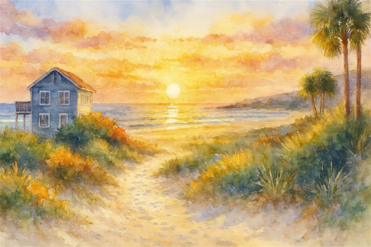 Fototapeta Budynek nad morzem w akwareli.