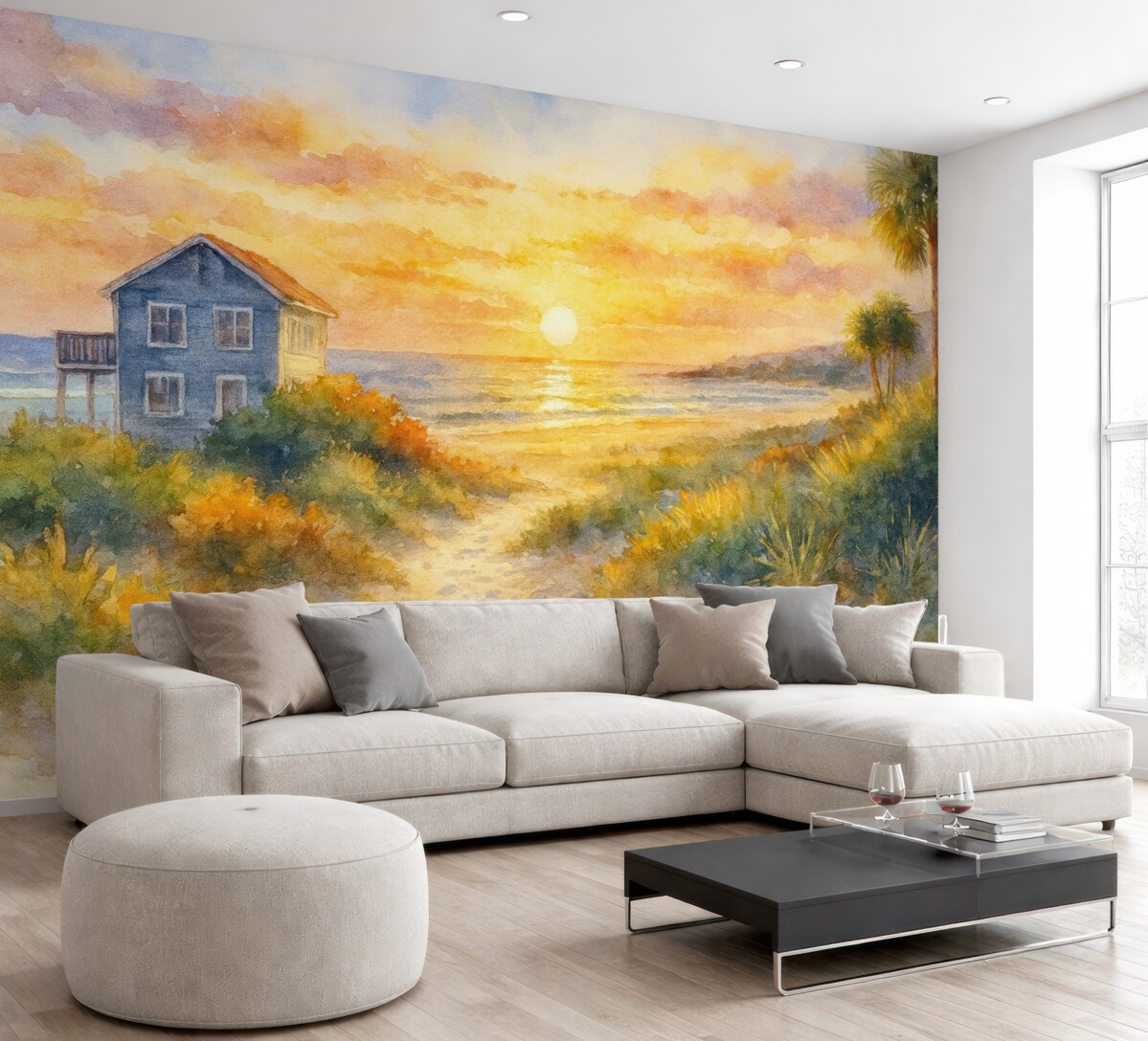 Fototapeta Budynek nad morzem w akwareli.