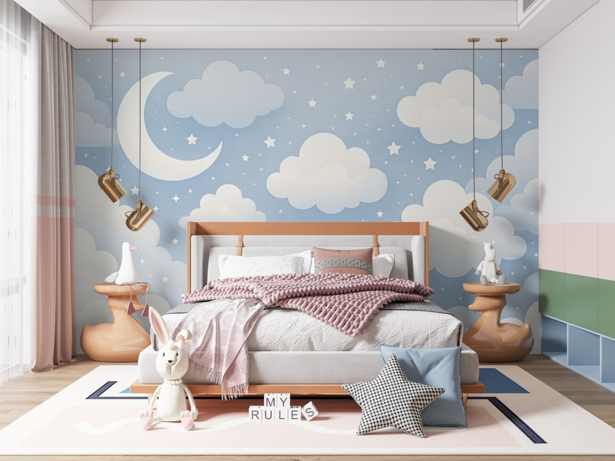 Fototapeta Atrakcyjna tapeta z chmurkami, gwiazdami i księżycem na błękitnym tle.