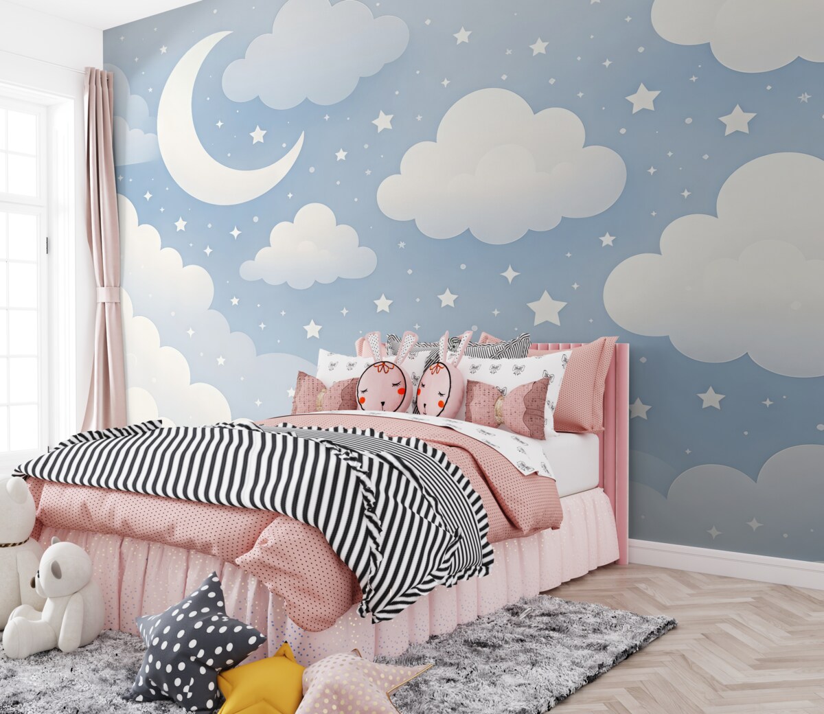 Fototapeta Atrakcyjna tapeta z chmurkami, gwiazdami i księżycem na błękitnym tle.