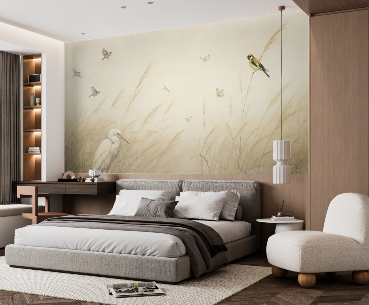 Fototapeta Ptaki nad jeziorem wśród wysuszonych kwiatów, roślin i trawy.