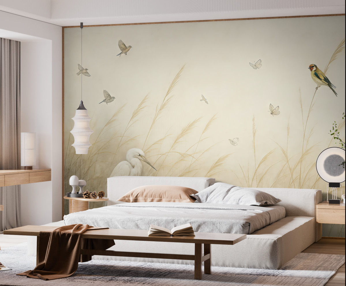 Fototapeta Ptaki nad jeziorem wśród wysuszonych kwiatów, roślin i trawy.