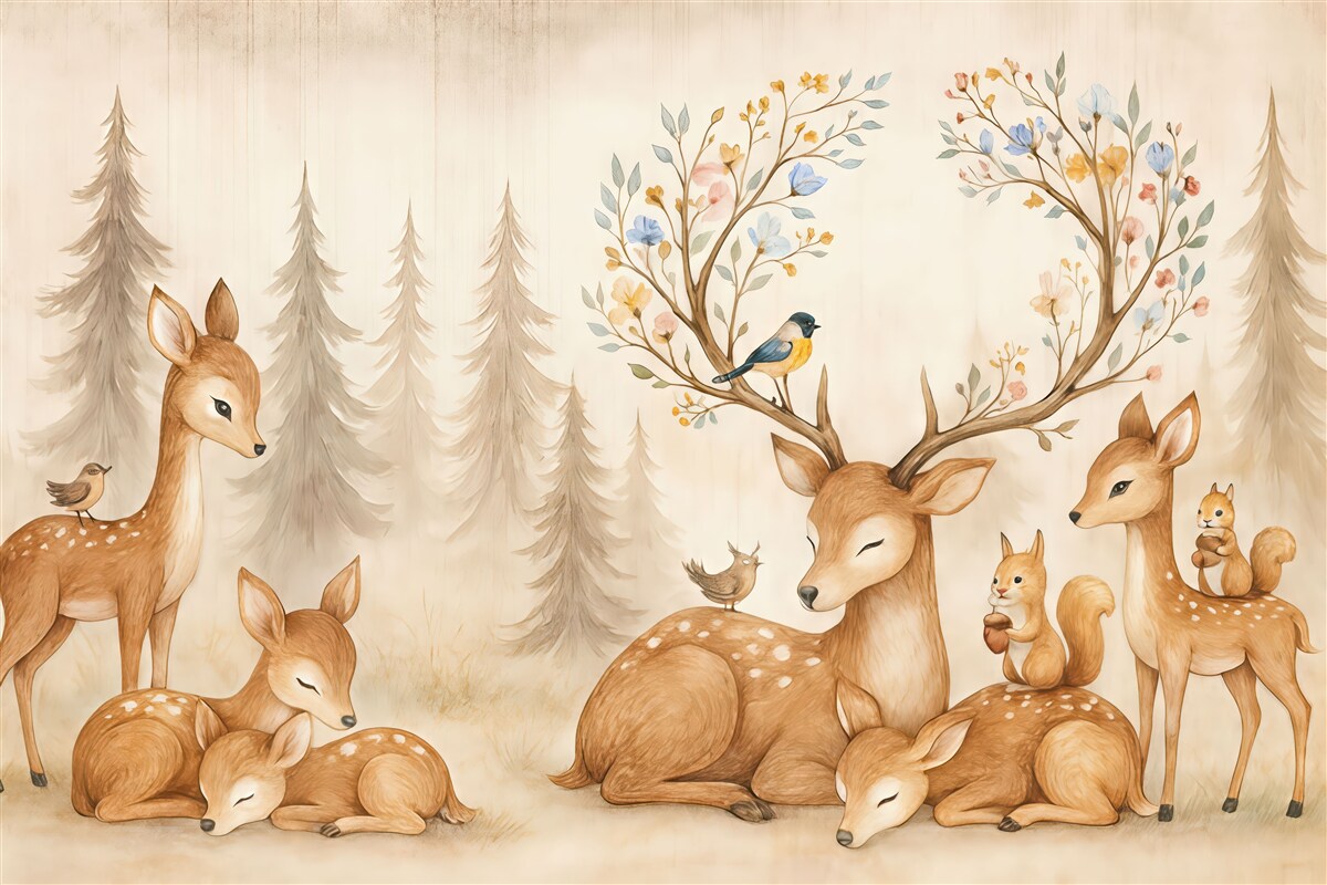 Fototapeta Las akwarelowy z reniferami.