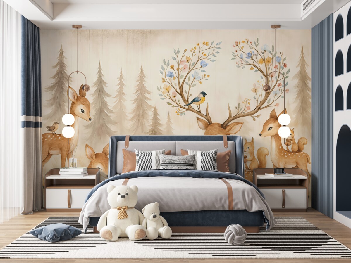 Fototapeta Las akwarelowy z reniferami.