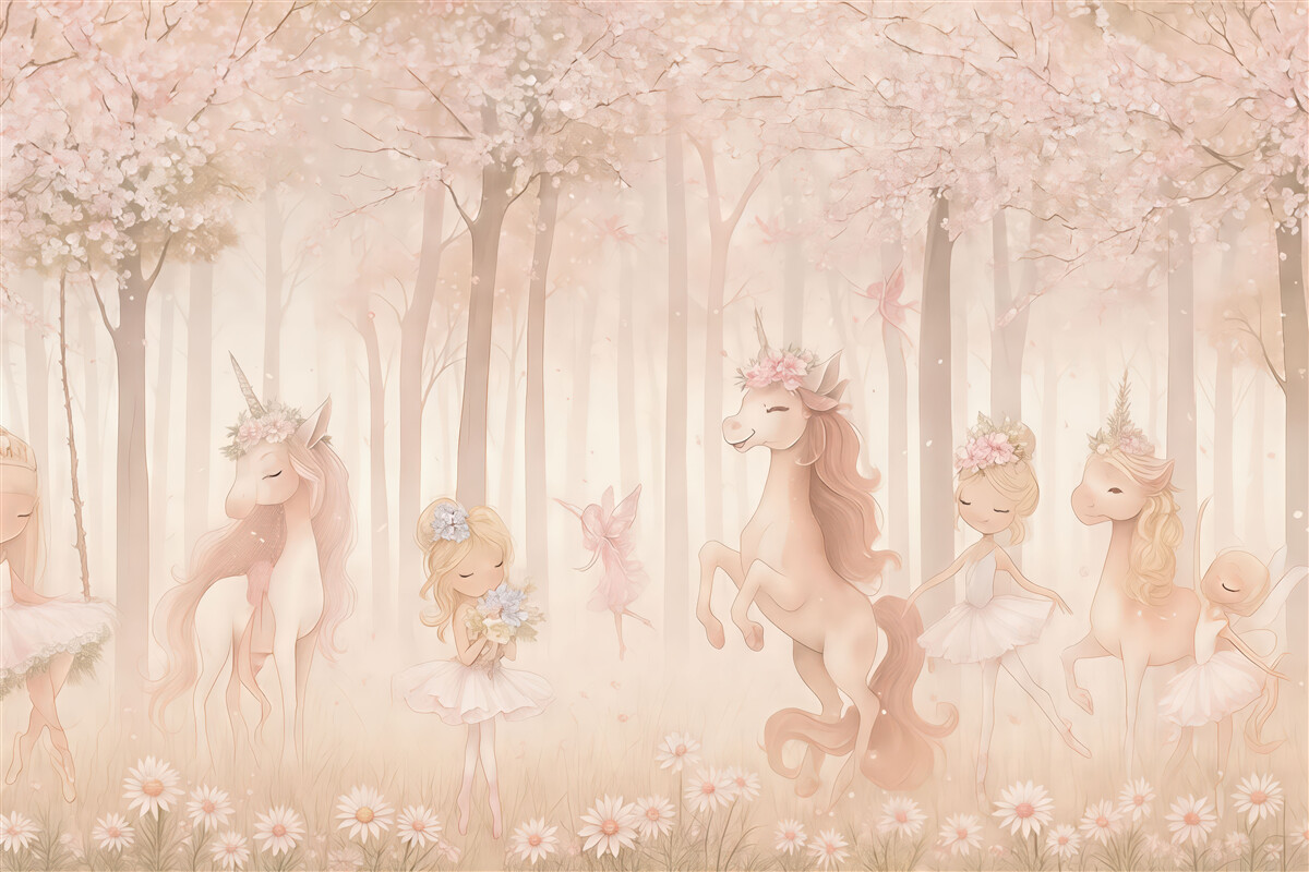 Fototapeta Bajkowy las z książętnami i jednorożcami.