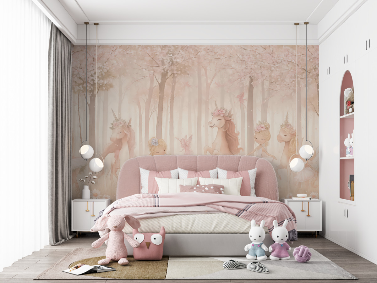 Fototapeta Bajkowy las z książętnami i jednorożcami.