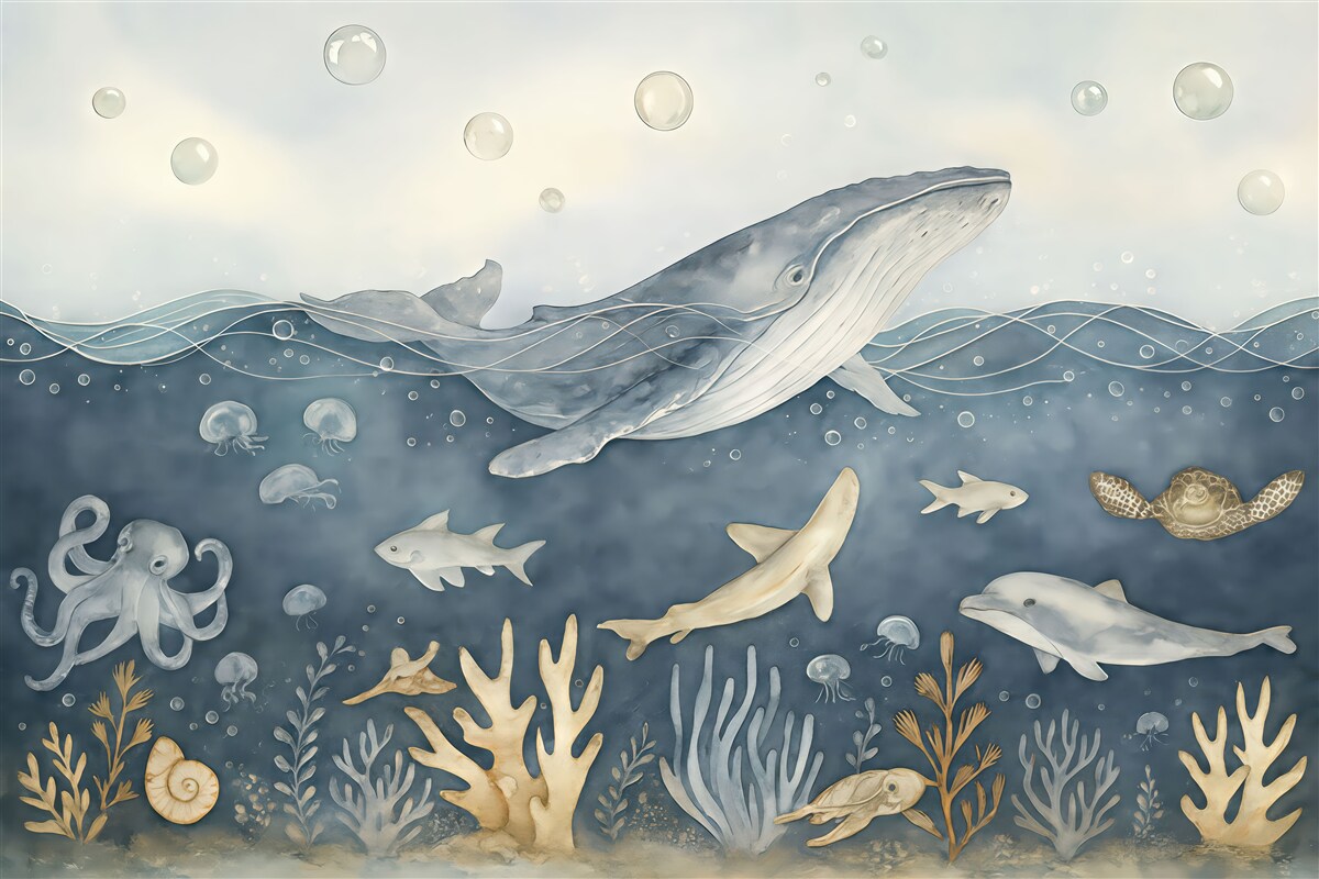 Fototapeta Życie oceaniczne, wale, delfiny, koralowce, stworzenia morskie, tematyka oceanu, łagodne barwy.