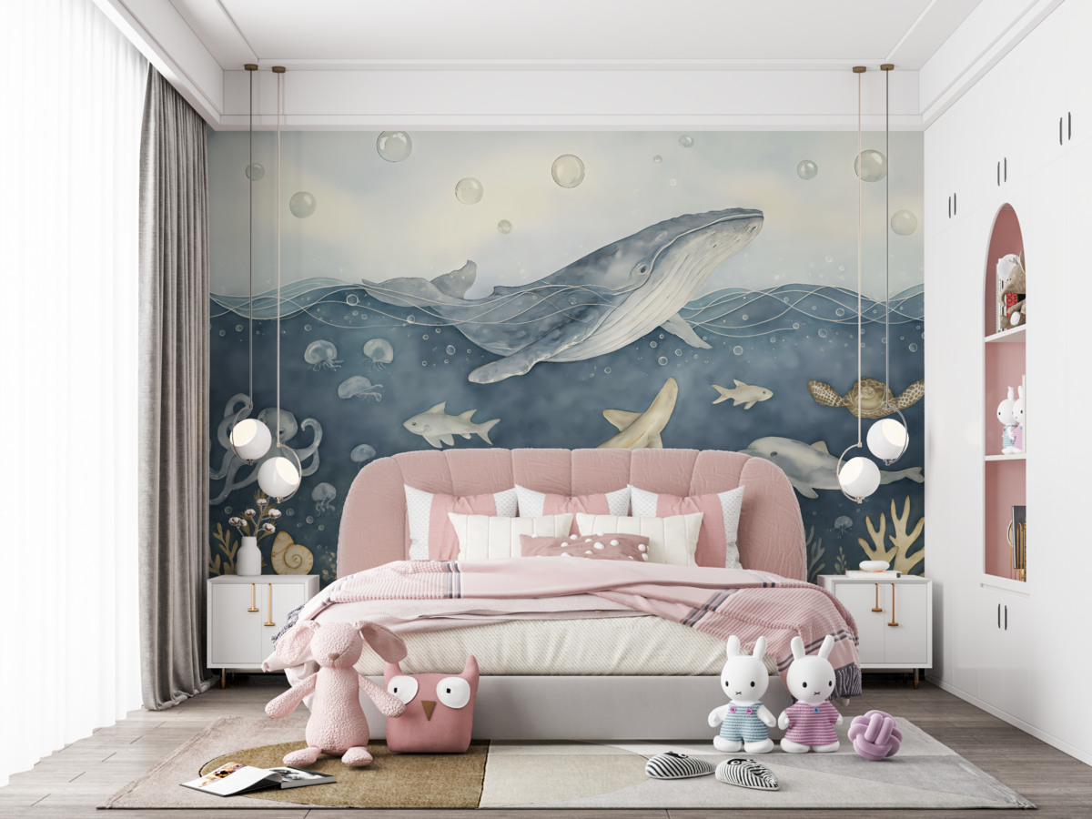 Fototapeta Życie oceaniczne, wale, delfiny, koralowce, stworzenia morskie, tematyka oceanu, łagodne barwy.
