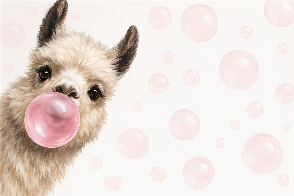 Fototapeta Śmieszna lama i różowe bańki.