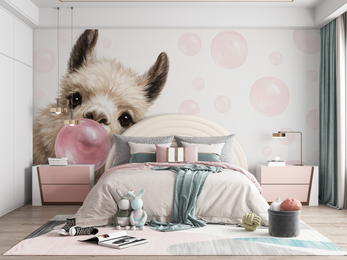 Fototapeta Śmieszna lama i różowe bańki.