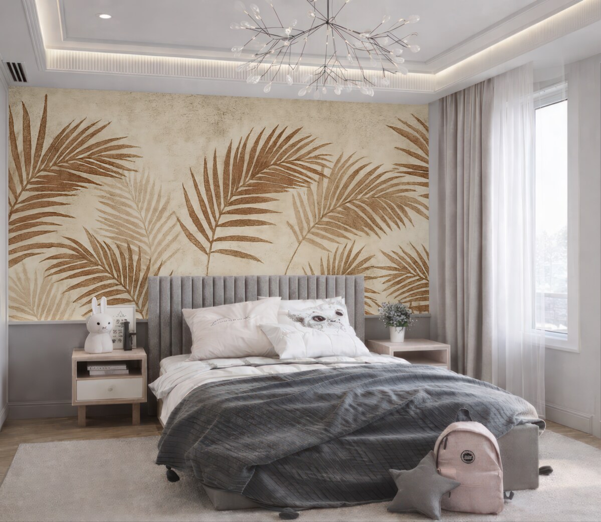 Fototapeta Wzór tapety z egzotycznymi drzewami i liśćmi w zamglonym lesie.