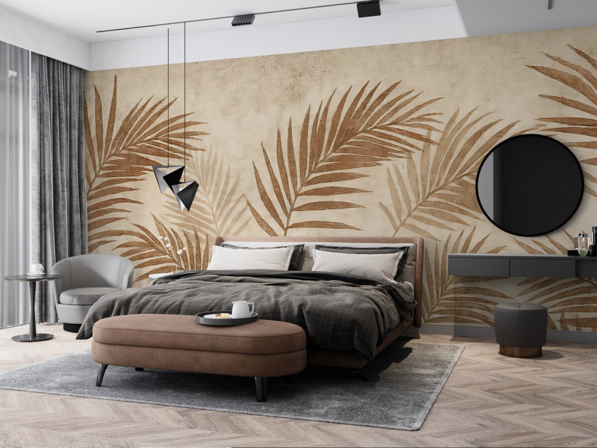 Fototapeta Wzór tapety z egzotycznymi drzewami i liśćmi w zamglonym lesie.