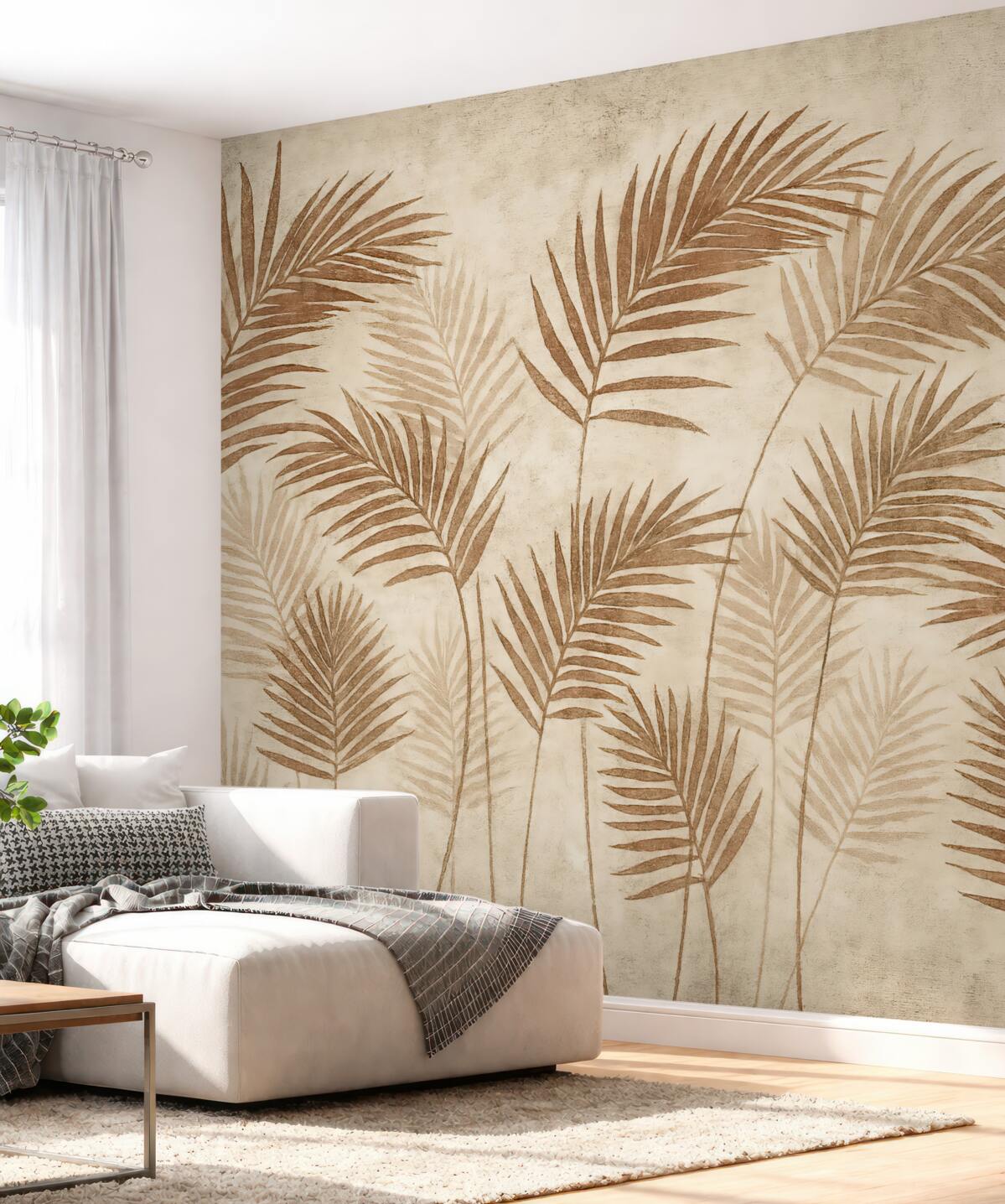 Fototapeta Wzór tapety z egzotycznymi drzewami i liśćmi w zamglonym lesie.