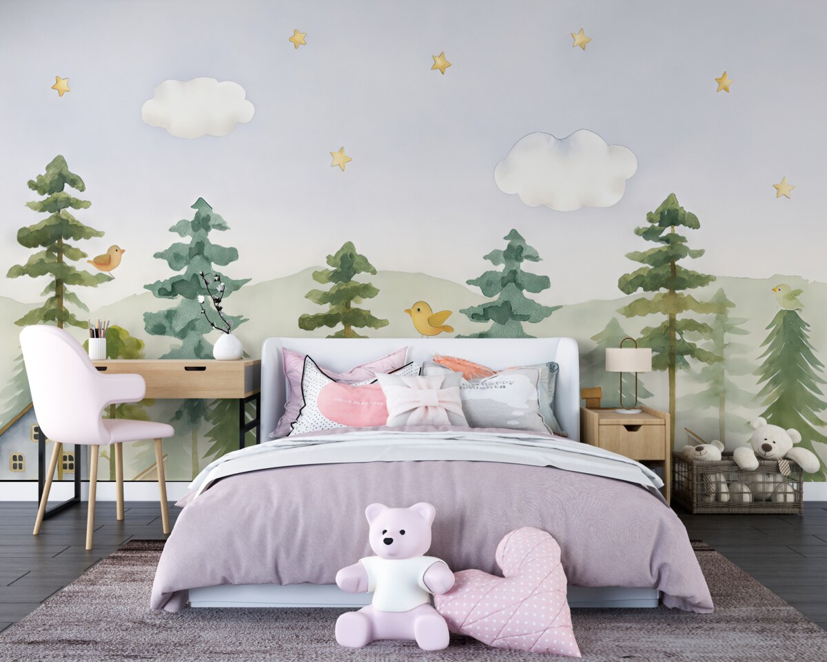 Fototapeta Sosnowy las z ptakami i urokliwymi domkami, barwy zielona i beżowa.