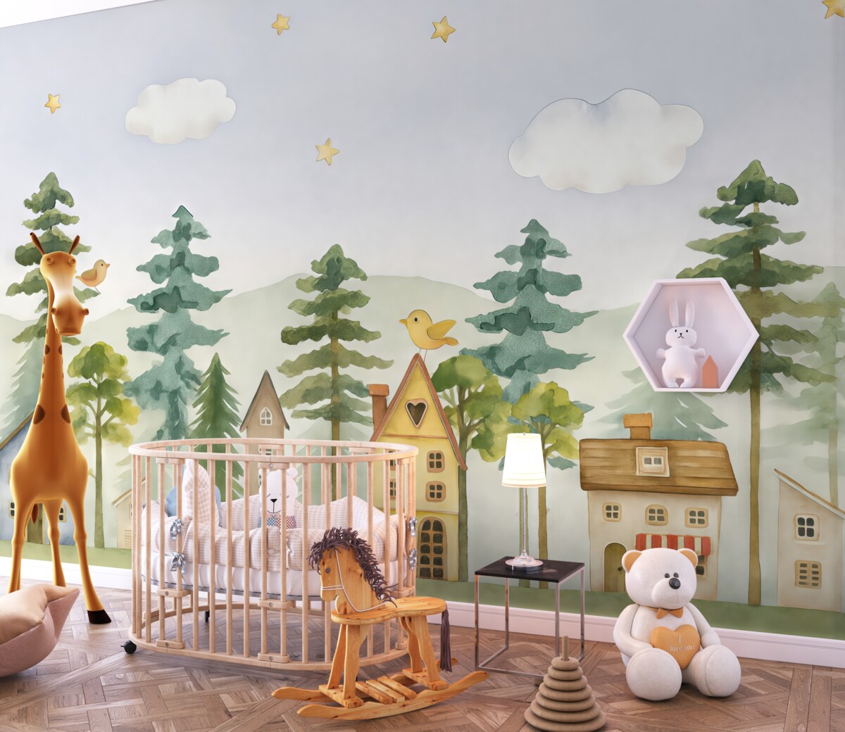 Fototapeta Sosnowy las z ptakami i urokliwymi domkami, barwy zielona i beżowa.