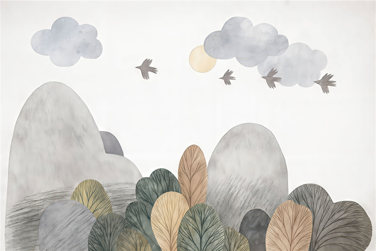 Fototapeta Krajobraz akwarelowy z drzewami, ptakami oraz chmurami.