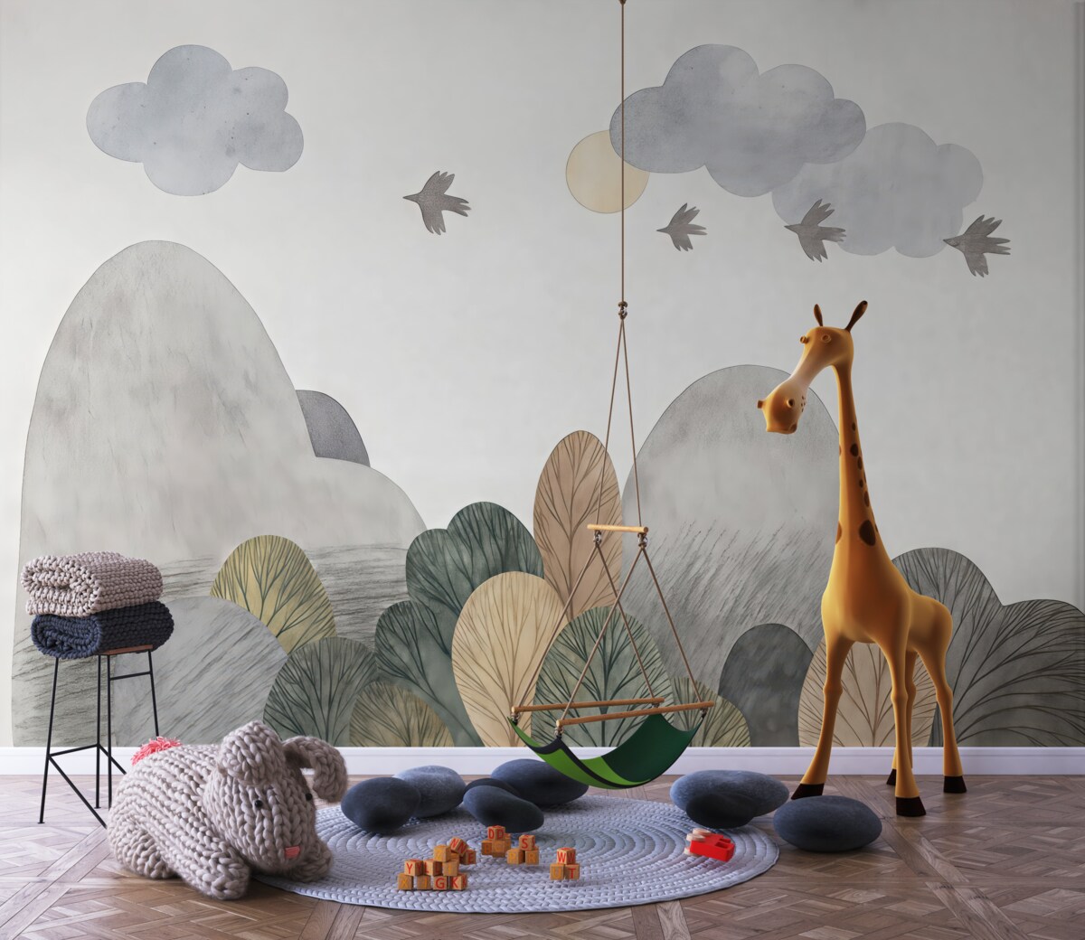 Fototapeta Krajobraz akwarelowy z drzewami, ptakami oraz chmurami.