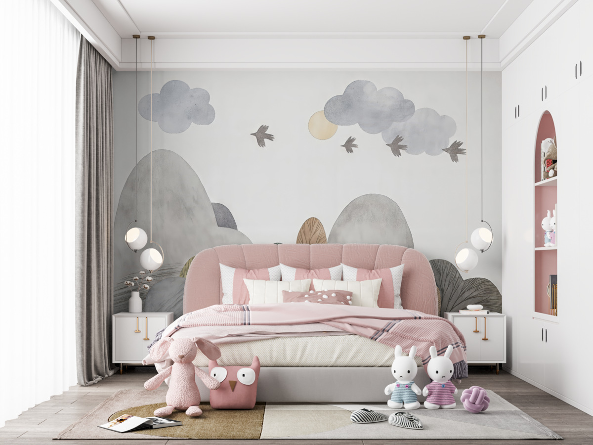 Fototapeta Krajobraz akwarelowy z drzewami, ptakami oraz chmurami.